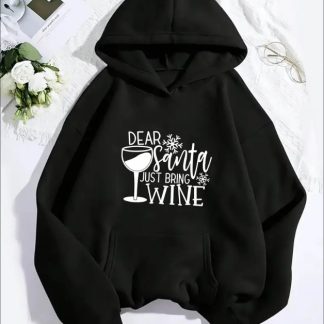 Festive Christmas Wine Cup Printed Women'S Hoodie Casual Sports Style With Kangaroo Pocket, All-Season Hooded Pullover Sweatshirt