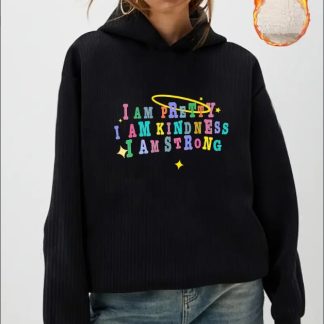 Women'S Fall Winter Fleece-Lined Hoodie, Casual With Elastane, Alphabet & Portrait Patterns, Hooded Collar Sweatshirt